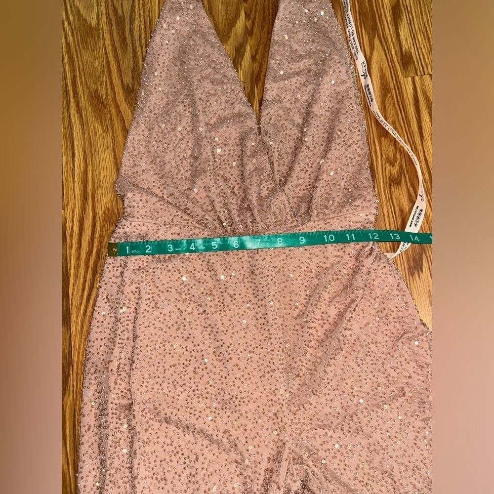 Oh Polly Embellished Plunge Neck Backless Halter Jumpsuit Beige Beaded Sequins 2 - Picture 12 of 15